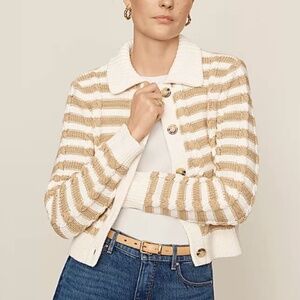 Ann Taylor | Women’s Tan/Ivory Striped Cable Sweater Jacket Cotton Size XL
